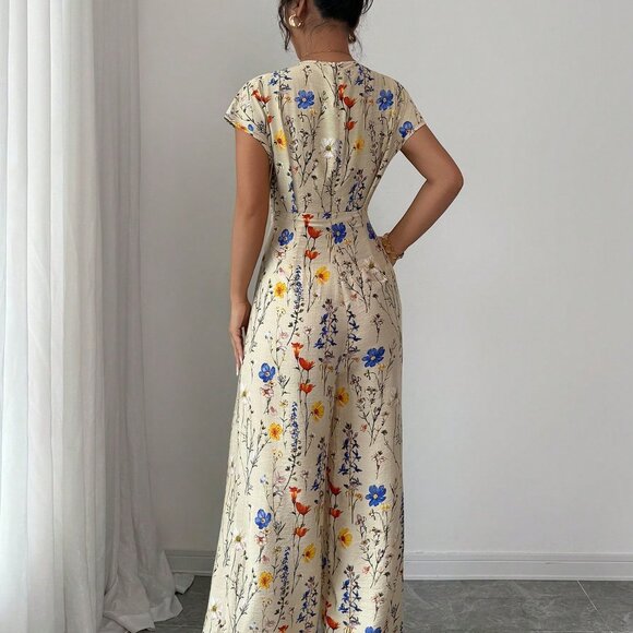 Apricot Boho Women's V-Neck Printed Jumpsuit - Picture 2 of 6